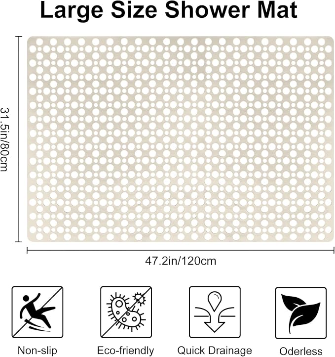 Anti Slip Shower Mat with Suction Cups, 31.5x47.2 Inch Quick Drain TPE Non Slip - Image 2