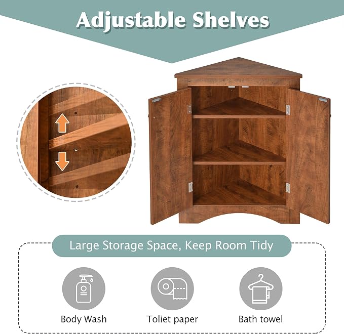 Corner Storage Cabinet with Adjustable Shelves, Triangle Bathroom & Kitchen - Image 4