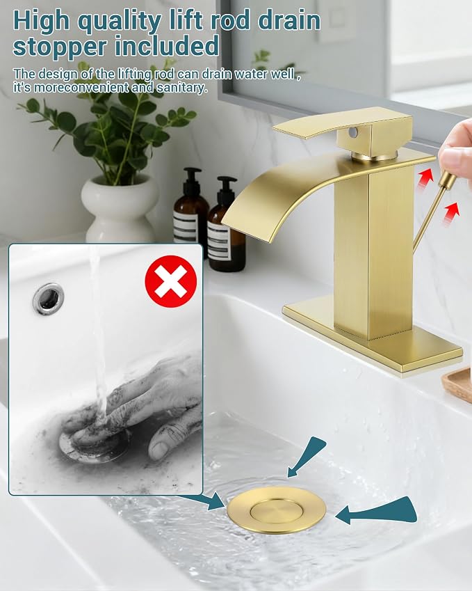 Bathroom Faucets with Lift Rod Drain Brushed Gold Waterfall Bathroom Sink - Image 4