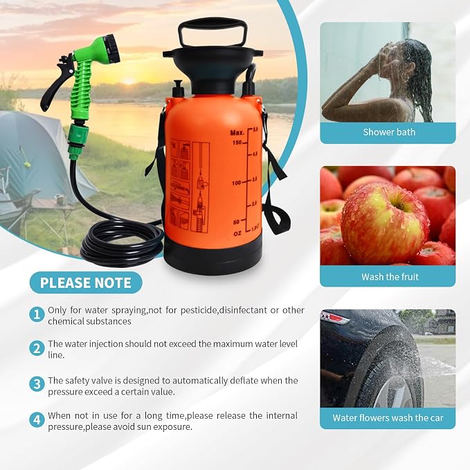 Portable Shower Orange 5L with 7 Spray Modes, Hand Press with Removable Hose - Image 6