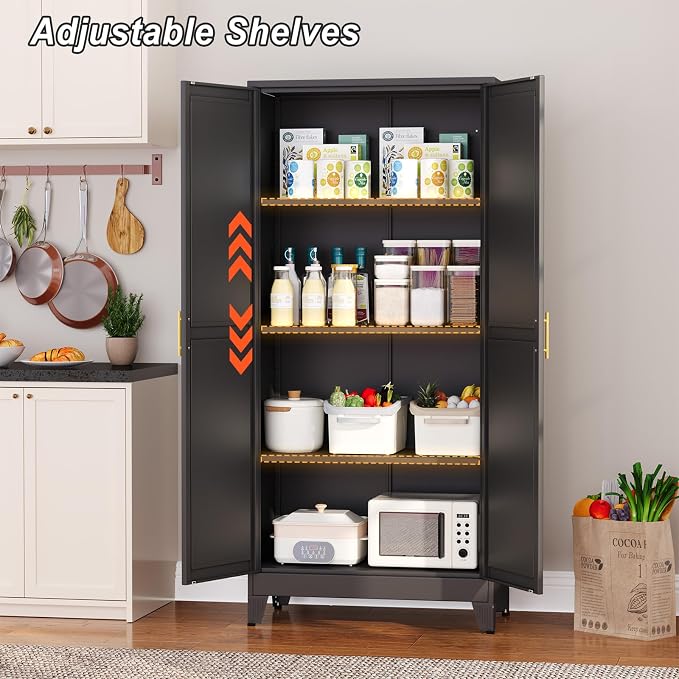 Metal Pantry Cabinet with 2 Doors and Adjustable Shelves, Versatile Storage - Image 4