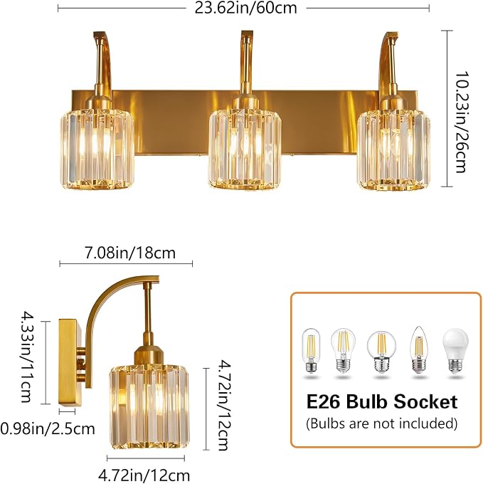 3-Light Crystal Vanity Light, Modern Gold Bathroom Wall Sconce - Image 4