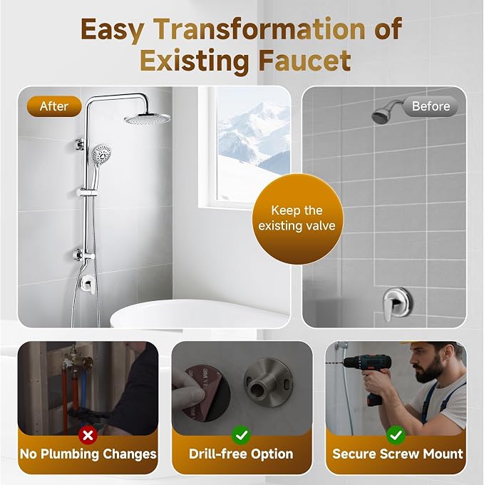 BRIGHT SHOWERS Rain Shower Heads System Including 9 Inch Rainfall Shower Head - Image 6