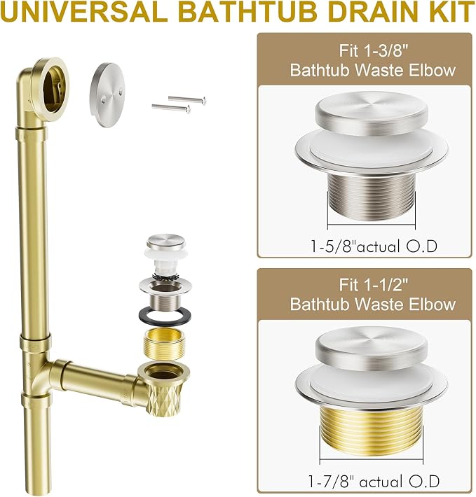 Brushed Nickel Bathtub Drain Stopper and Overflow Kit, Solid Brass Tip-Toe Bath - Image 5