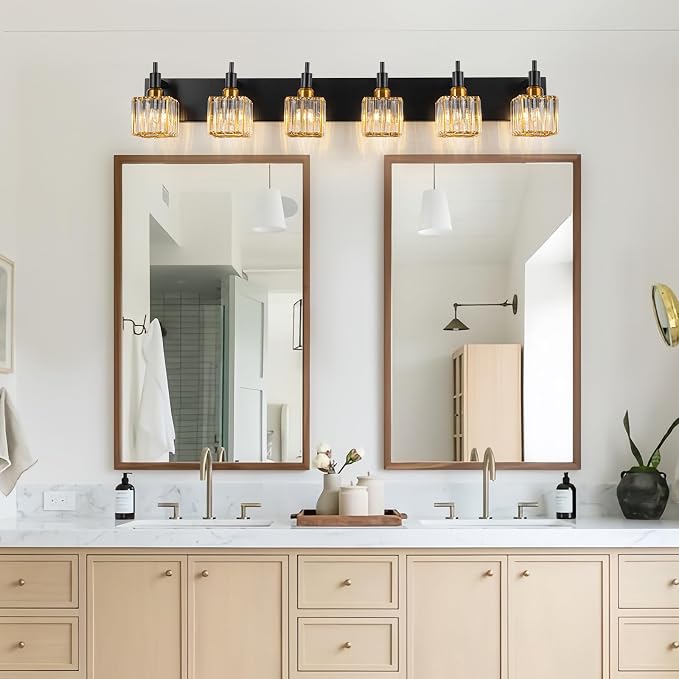 6-Lights Crystal Bathroom Vanity Light Black Gold Modern Bathroom Lighting - Image 7
