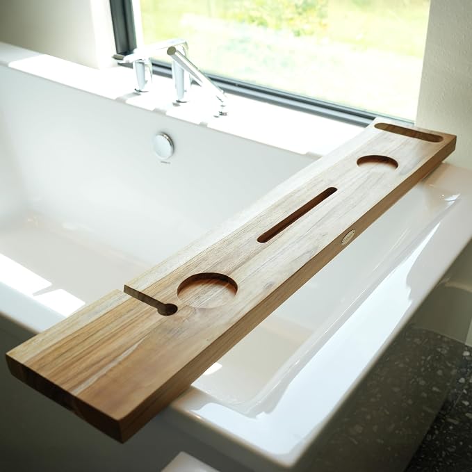EcoDecors Eleganto 42" Live Edge Solid Teak Bath Caddy Tray - Image 6