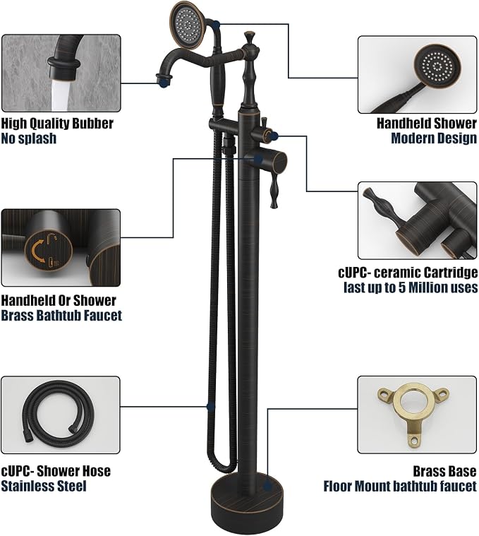 Oil Rubbed Bronze Standing Bathtub Faucet Freestanding Tub Filler High Pressure - Image 4