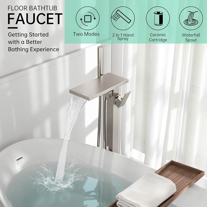 Hoimpro Floor Mount Bathtub Faucet Freestanding Waterfall Tub Filler, Brushed - Image 3