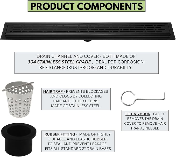 SereneDrains 304 Stainless Steel Matte Black Shower Drain Kit 24 Inch Linear - Image 3