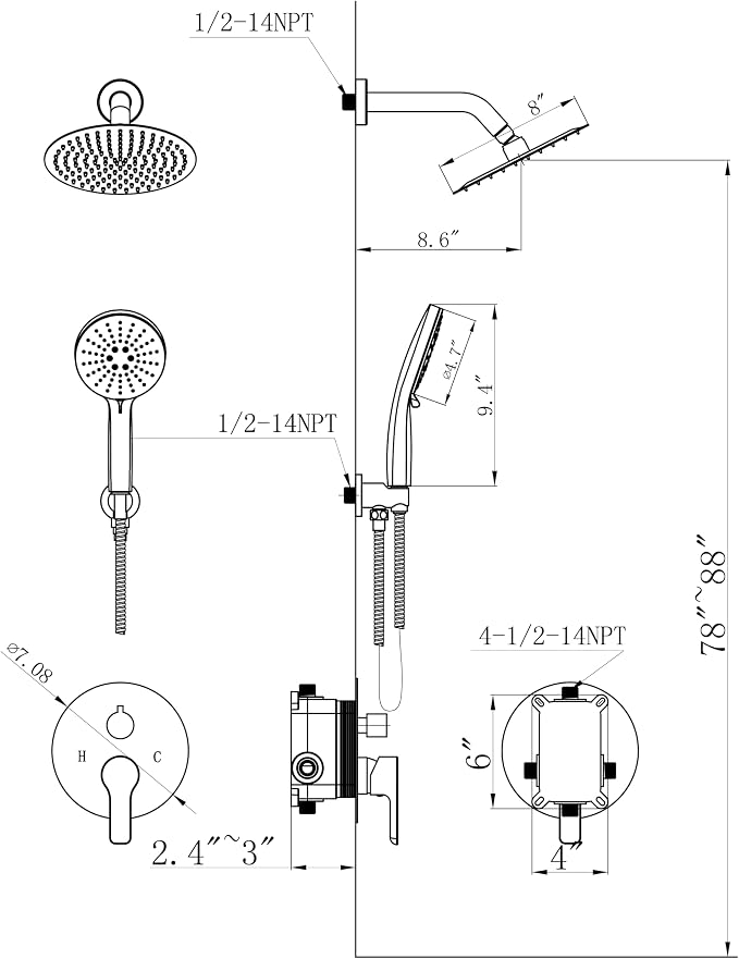 Shower Faucet Set 8IN Brass Rough-In Valve Body Trim Kit Rainfall Included - Image 8