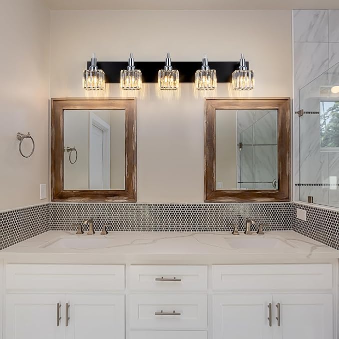 Black Chrome Bathroom Vanity Lights, 5 Lights Modern Crystal Bathroom Lighting - Image 10