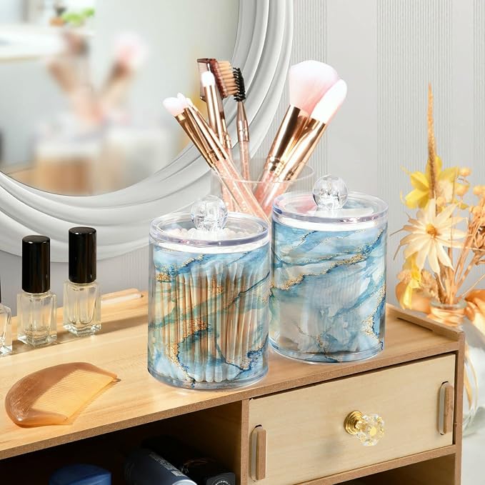 MNSRUU 2 Pack Qtip Holder Organizer Dispenser Sky Blue Marble Bathroom Storage - Image 6
