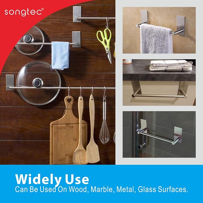Songtec Adhesive Towel Bar 12inch Brushed, Stick On Bath Towel Rack Easy Install - Image 3