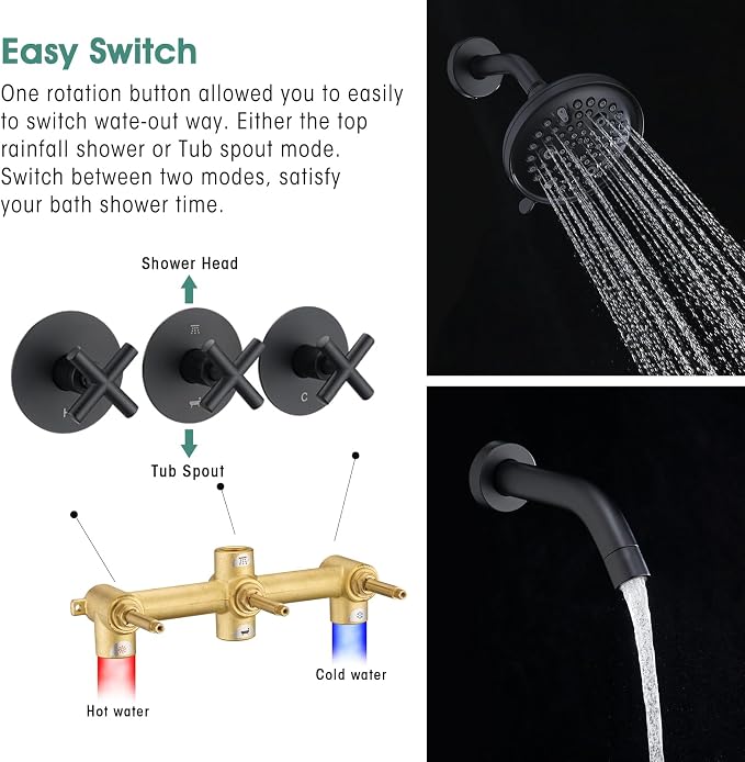 PROOX 3 Handle Tub Shower Faucet Set, 9-Setting Rainfall Shower Head - Image 5