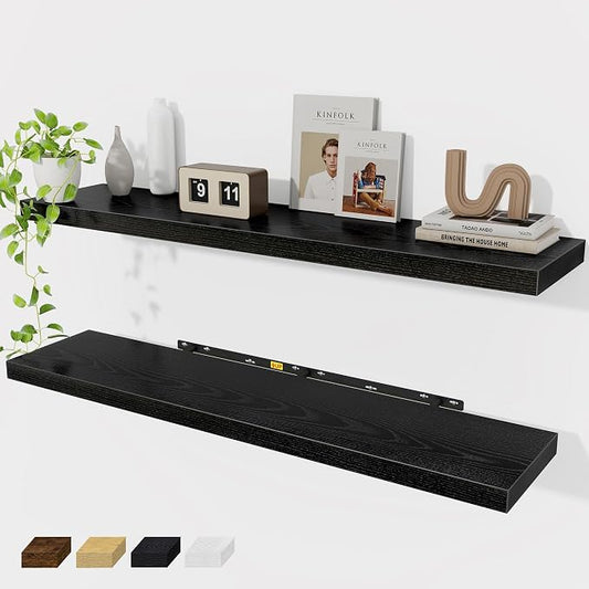 Black Floating Shelves Wall Shelf 48 Inch, 9.3 Inch Deep Floating Shelf by FunMemories