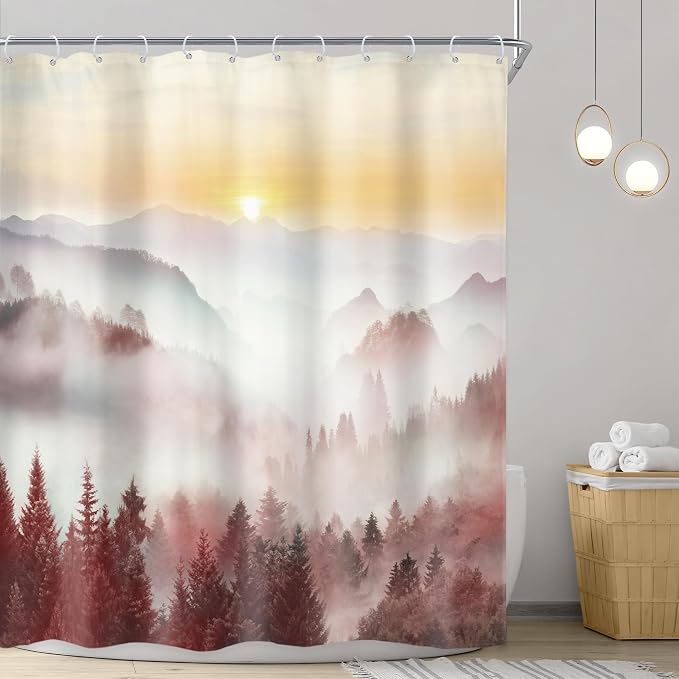 Riyidecor Misty Mountain Shower Curtain 60Wx72H Inch Red Sunrise Nature Scenery - Image 2