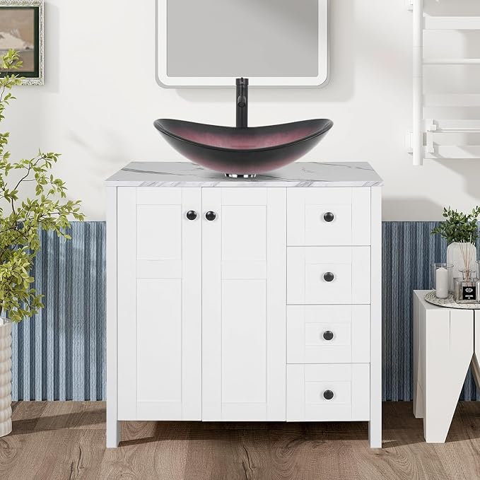 32" White Bathroom Vanity with Marble Texture Top and 4 Drawers, Modern by Solidee