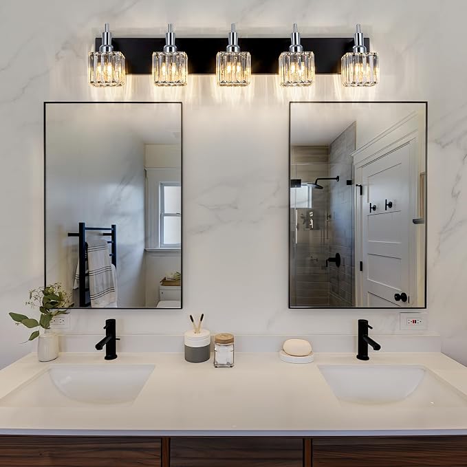 Black Chrome Bathroom Vanity Lights, 5 Lights Modern Crystal Bathroom Lighting - Image 8