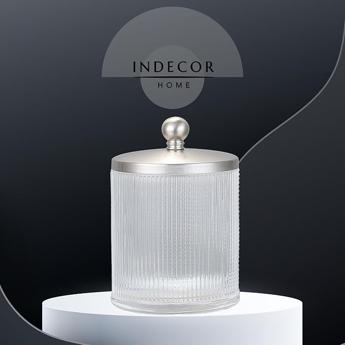 Clear Transparent Apothecary Ribbed Geometric Etched Glass Jar W/Satin Nickel - Image 7
