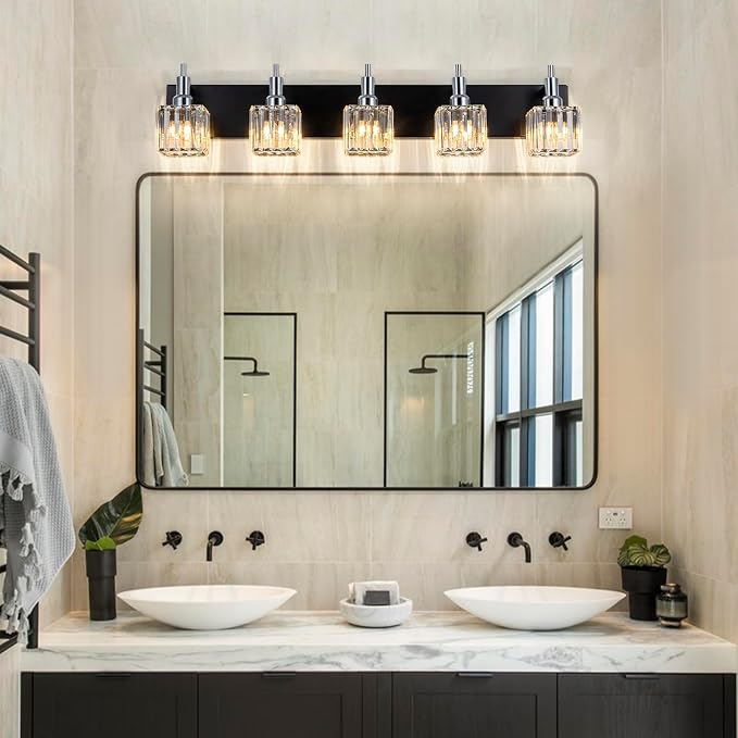 Black Chrome Bathroom Vanity Lights, 5 Lights Modern Crystal Bathroom Lighting - Image 4