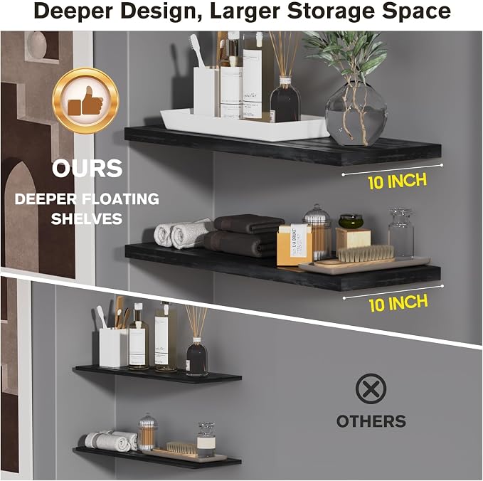 Wall Shelf Set of 3, Dark Wood Floating Shelves 24 in W x 10 in D x 1 in H - Image 3