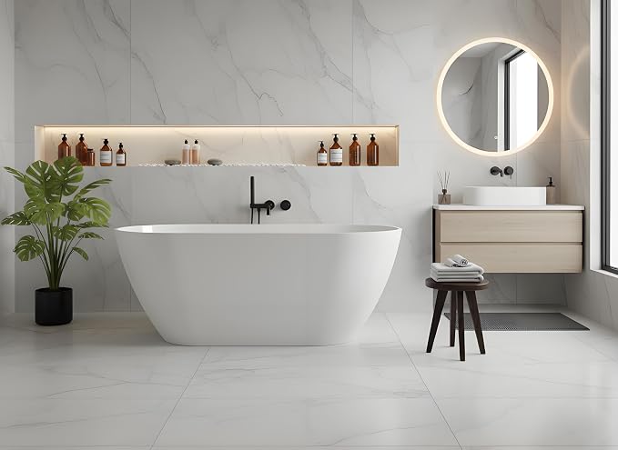 Acrylic Freestanding Bathtub 59 inch – Elegant Oval Soaking Tub by Unknown