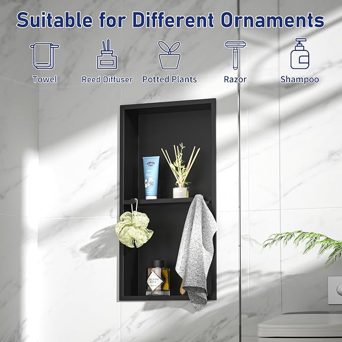 Stainless Steel Shower Niche w/Hooks, Wall Vertical Niche Without Tiling - Image 7
