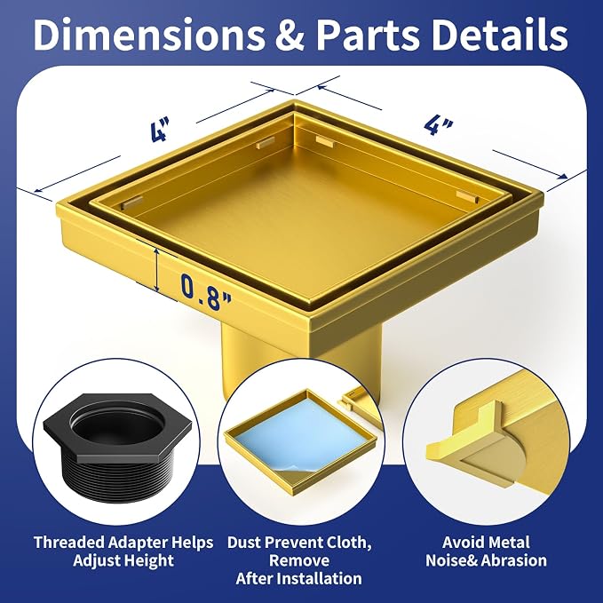 Square Shower Drain 4", Brushed Gold Floor Drain - Image 3