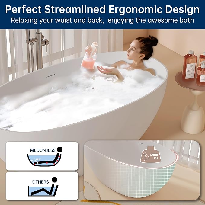 59'' Stone Resin Freestanding Bathtub, Bathroom Solid Surface Tub Bathtubs - Image 5