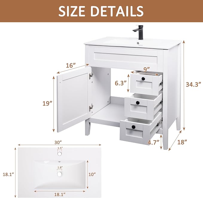 30 inch Bathroom Vanity with Sink, Freestanding Vanity - Image 2