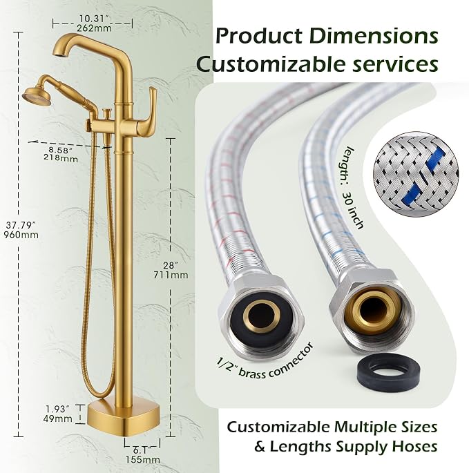 Luxury Free Standing Tub Faucet, Classic Brass Freestanding Bathtub Faucet - Image 6