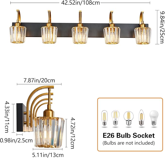 Modern Bathroom Vanity Light, 5-Light Black Gold Wall Sconce - Image 4