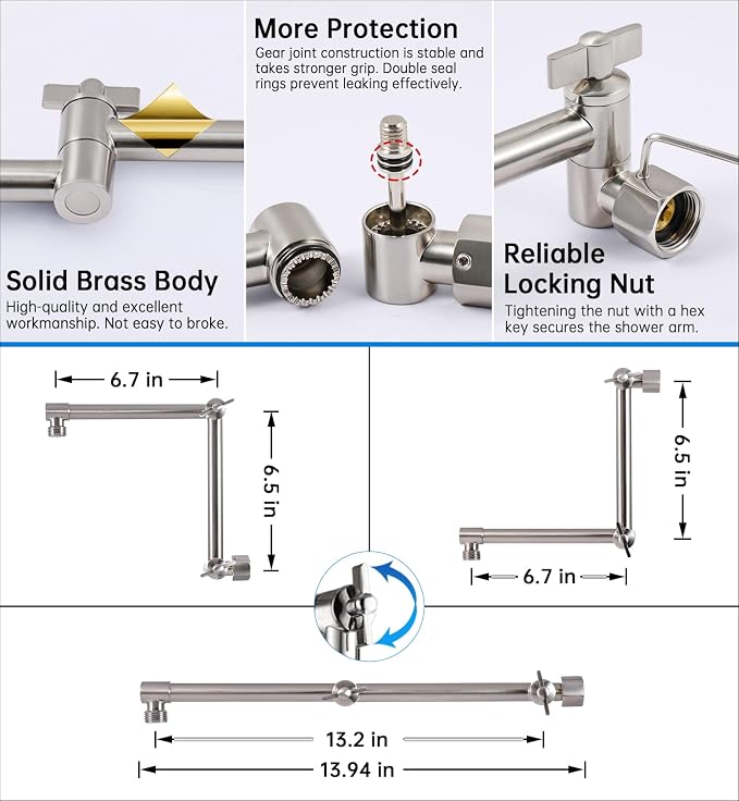 G-Promise 13 Inch Shower Head Extension Arm, Solid Brass Height & Angle - Image 5