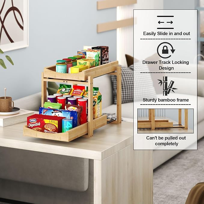 Bamboo Under Sink Organizer and Storage, 2 Pack Pull Out Cabinet Organization - Image 4