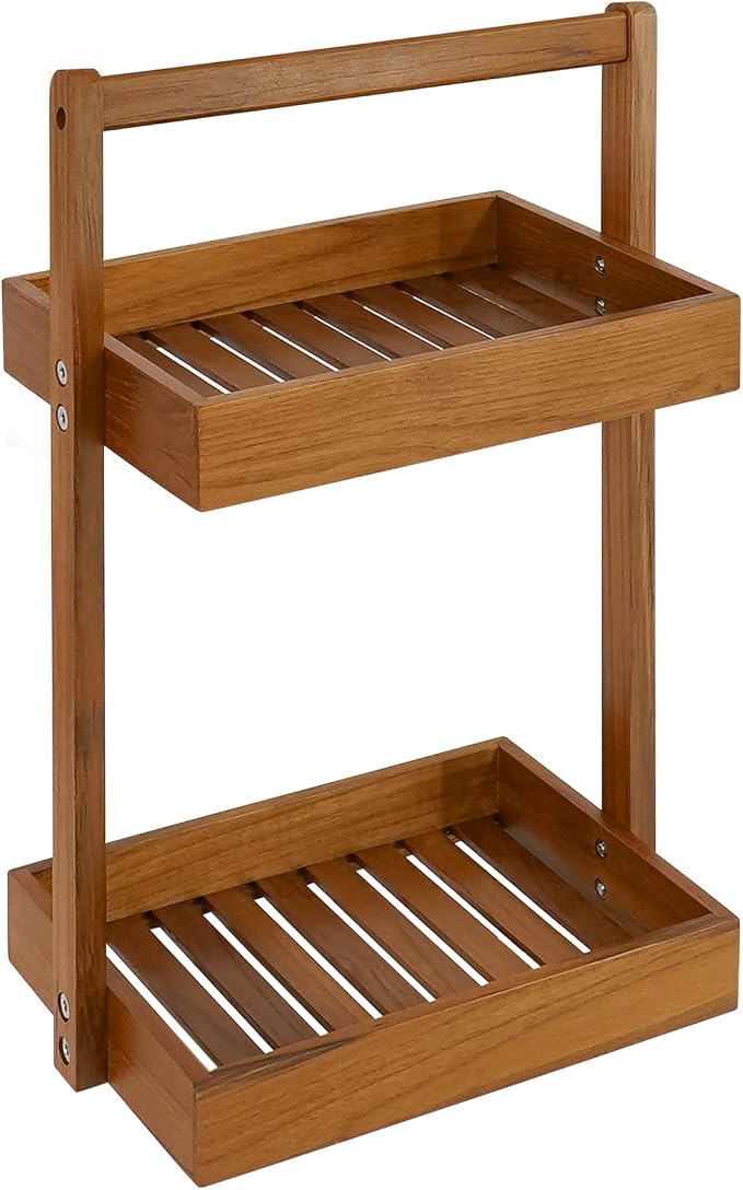 Utoplike Teak Wood Shower Caddy Corner, 2 Tier Bathroom Organizer Countertop - Image 8