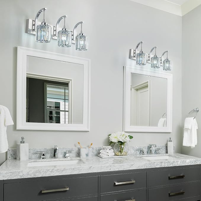 3-Light Crystal Vanity Light, Modern Chrome Bathroom Wall Sconce - Image 3