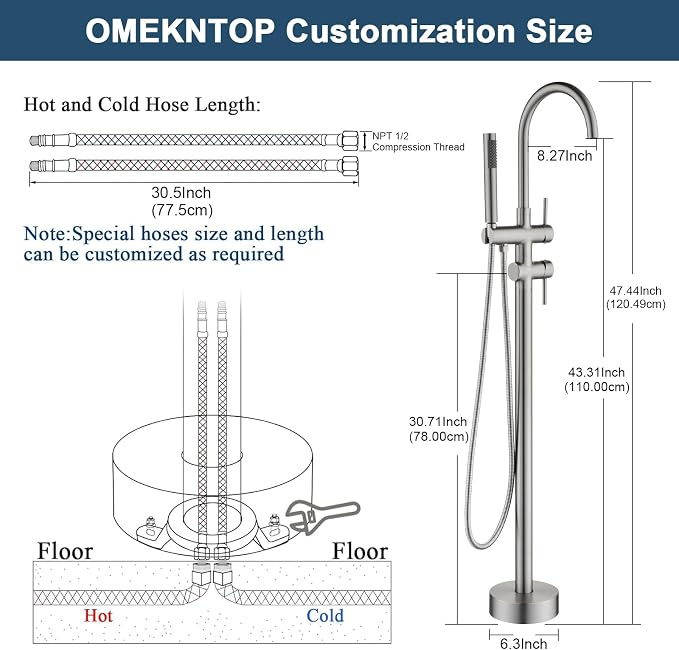 Freestanding Bathtub Faucet Floor Mount Tub Filler Brush Nickel, OMEKNTOP - Image 3