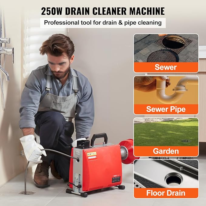 VEVOR 66FT x 5/8 Inch Drain Cleaner Machine, 250W Electric Sewer Snake Auger - Image 2