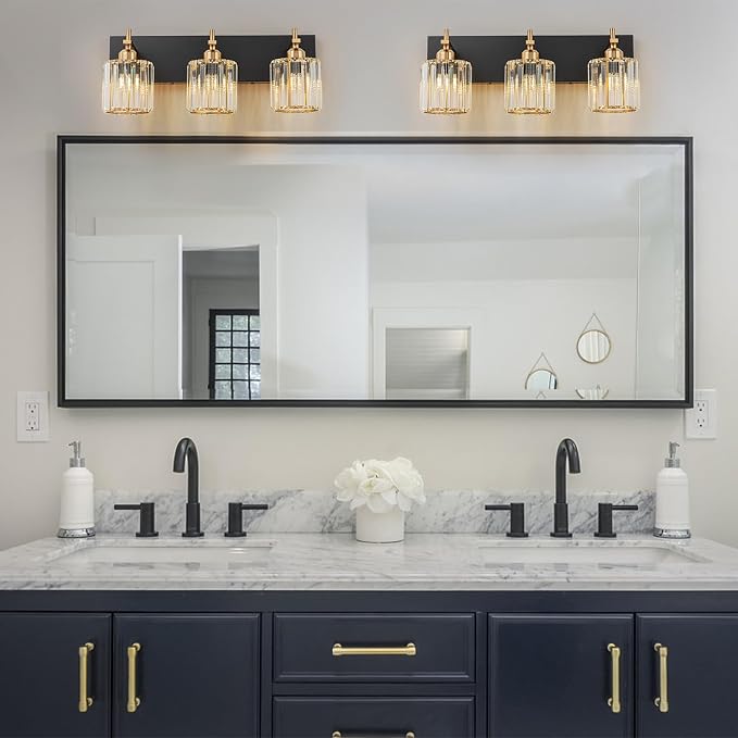 Modern Crystal Bathroom Vanity Lights, 3-Lights Black Gold Bathroom Light - Image 7