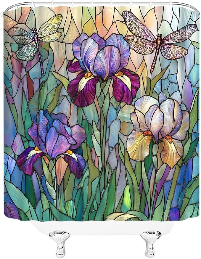 Stained Glass Shower Curtain Artistic Iris Dragonfly Purple Floral Green Leaves - Image 4