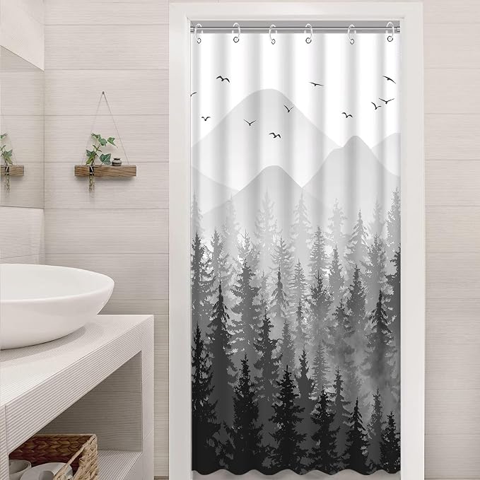 Aipon Black Misty Forest Shower Curtain Gray Ombre Nature Tree Plants Shower - Image 5