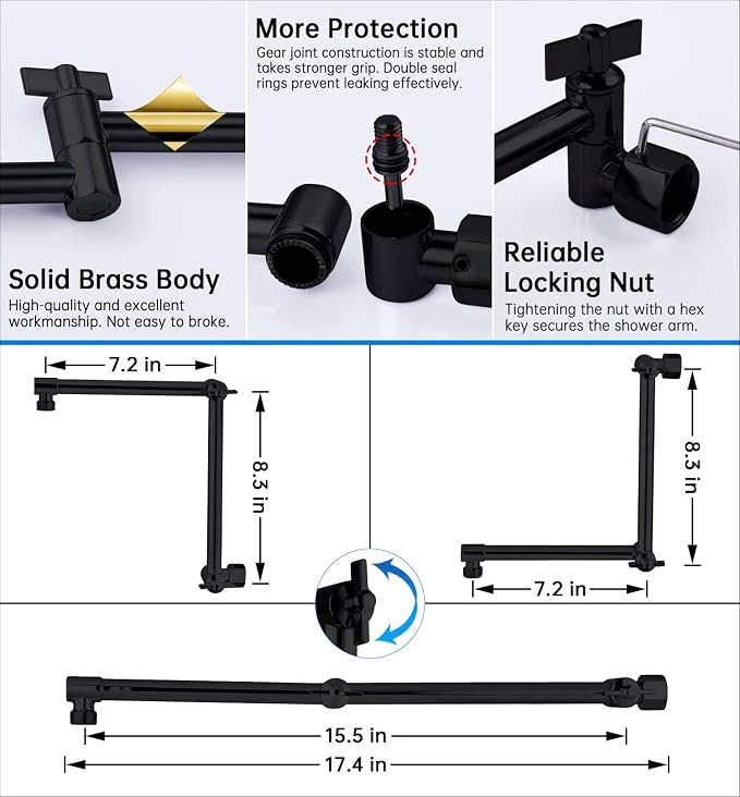 G-Promise 16 Inch Shower Head Extension Arm, Solid Brass Height & Angle - Image 2