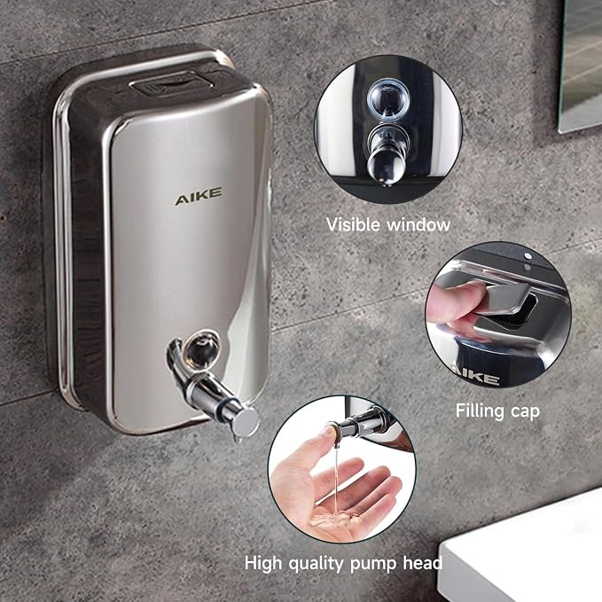 AIKE Polished Stainless Steel Wall Mount Pump Soap Dispenser Polished 17 fl.oz. - Image 2