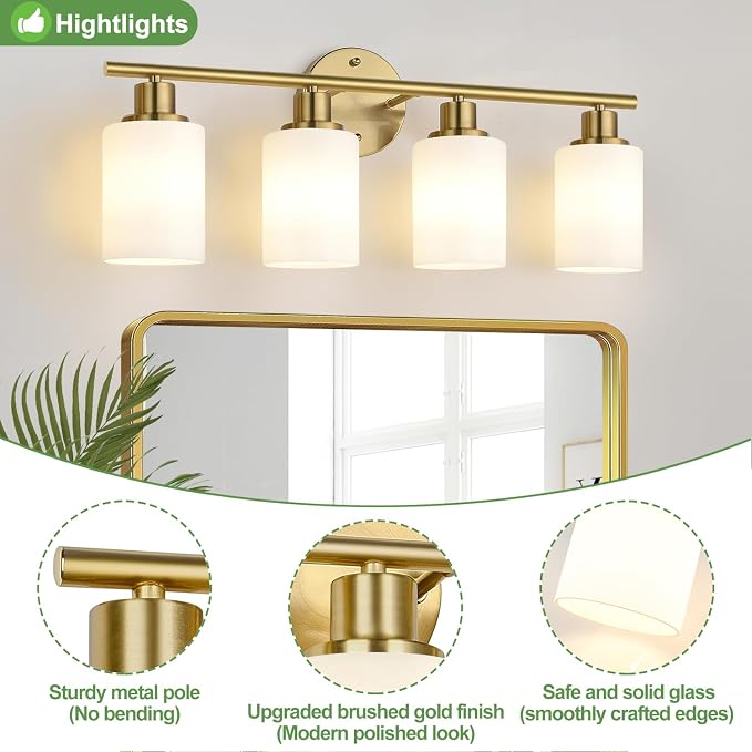 4-Light Bathroom Light Fixtures, Brushed Gold Modern Vanity Lights - Image 4