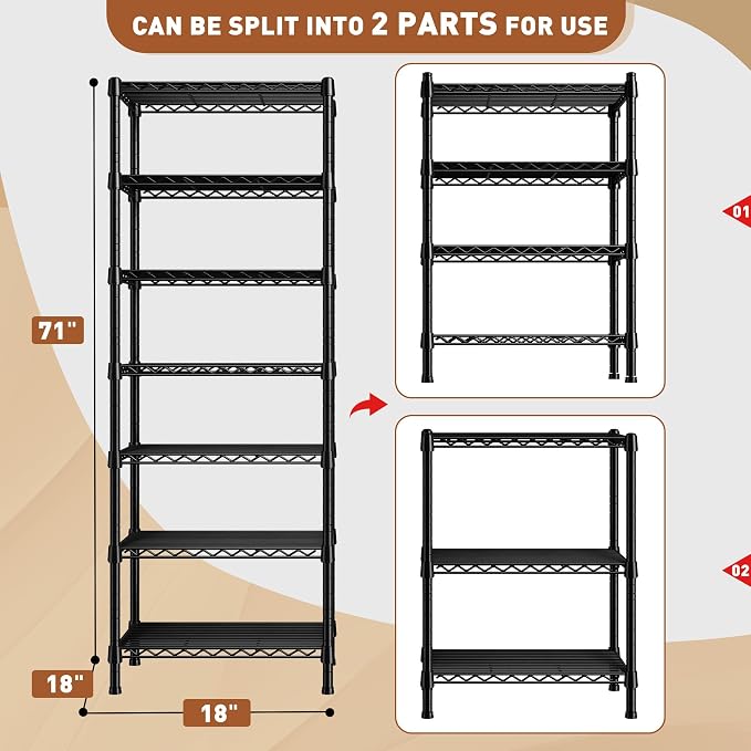 REIBII 7-Tier Metal Shelving Unit, 71’’H x 18’’W x 18’’D, 1176 LBS Weight - Image 3