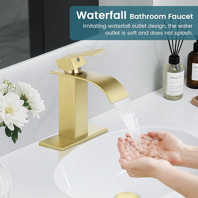 Bathroom Faucets Brushed Gold Waterfall Bathroom Sink Faucet Modern Single - Image 3