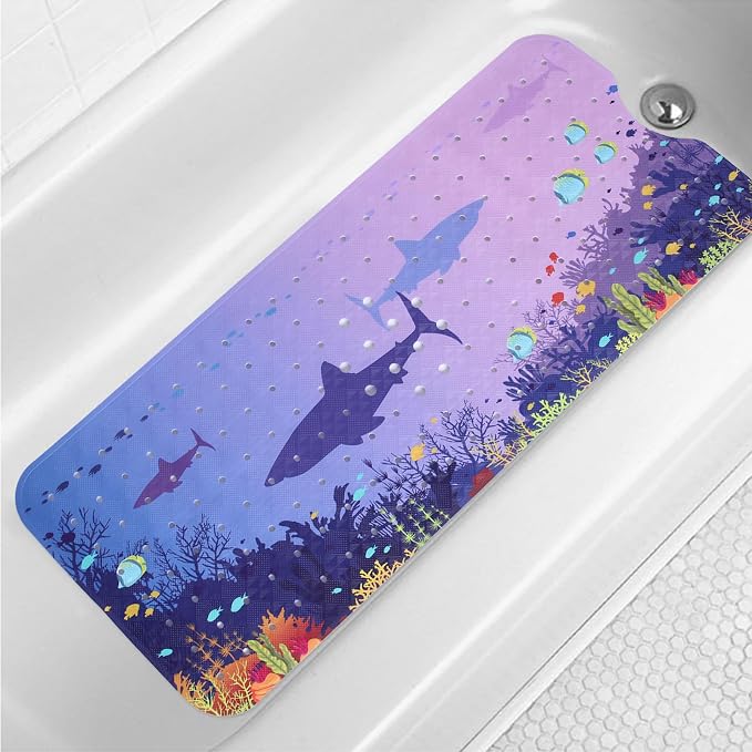 Blue Sea Bathtub Mat Non Slip for Kids 40x16in Extra Long Shark Ocean Whale by Denifeiya