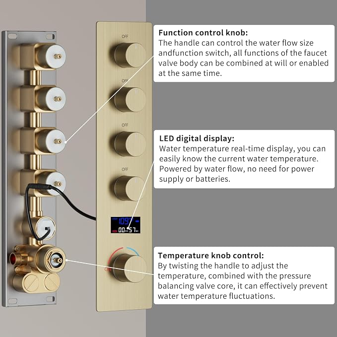 Brushed Gold Shower System Digital Temperature Display Shower Faucet Set - Image 6