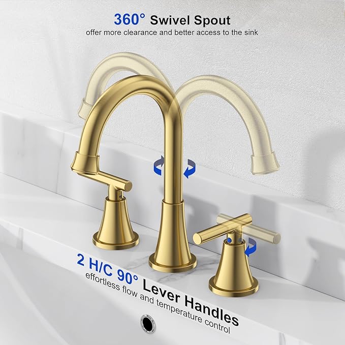 Bathroom Faucets for Sink 3 Hole, Hurran Brushed Gold Bathroom Sink Faucet - Image 4