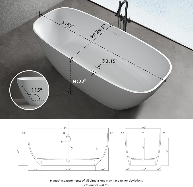 67'' Freestanding Bathtub Resin Stone Deep Soaking Tubs Solid Surface Matte Tub - Image 4